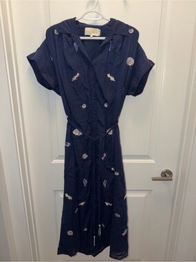 Carolina K Navy Embroidered Button-Front Midi Dress